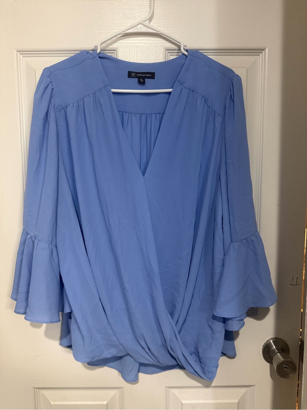 INC International Concepts Light Blue Surplice Ruffle Sleeve Blouse